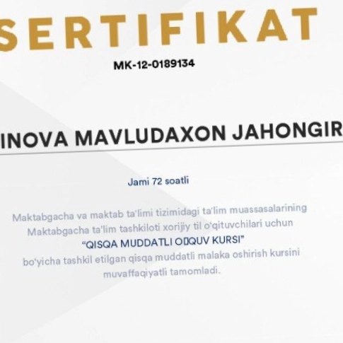 Online edu uzda har qanday fandan online malaka oshirish sertifikatini olib beraman 
